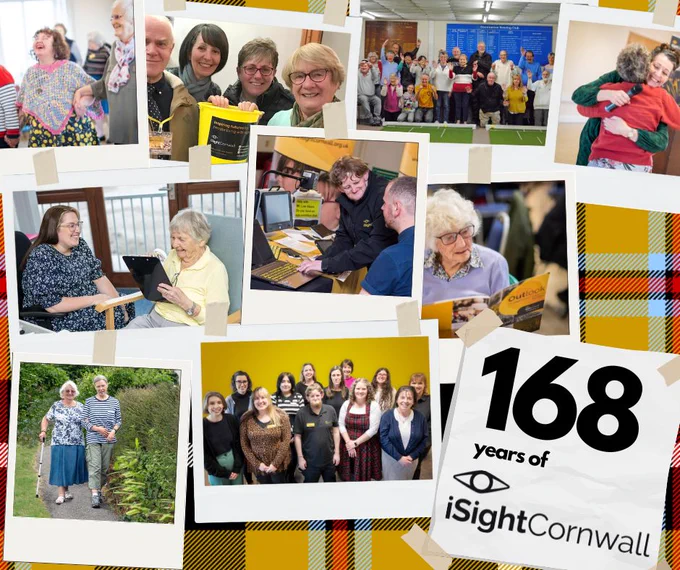 A collage of photos laid out like film photographs. They show a range of people taking part in activities such as dancing, walking, holding a fundraising bucket and looking at the iSightCornwall magazine. In the bottom corner are the words 168 years of iSightCornwall.