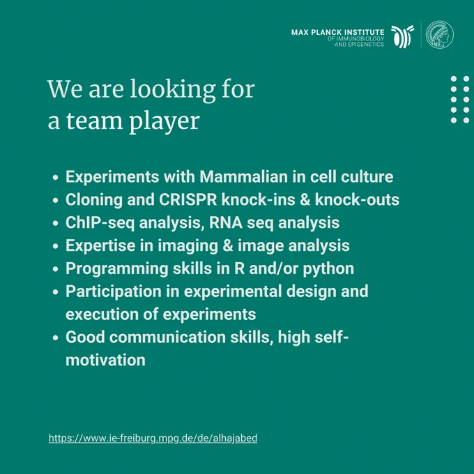 YOUR TASKS:
As a Postdoctoral researcher in our lab, you would carry out all the experiments and analysis required for the comple‐ tion of the project.
•ChIP-seq analysis, RNA seq analysis
•Mammalian in cell culture
•CRISPR knock-ins and knock-outs
•Imaging and Image analysis
•Participation in experimental design and execution of experiments •Programming in R and/or python