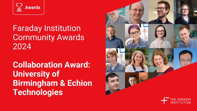 A social media card for Faraday Institution Community Awards 2024 - Collaboration Award: University of Birmingham & Echion Technologies. A picture of some of the researchers involved with the Echion Technologies / University of Birmingham collaboration.