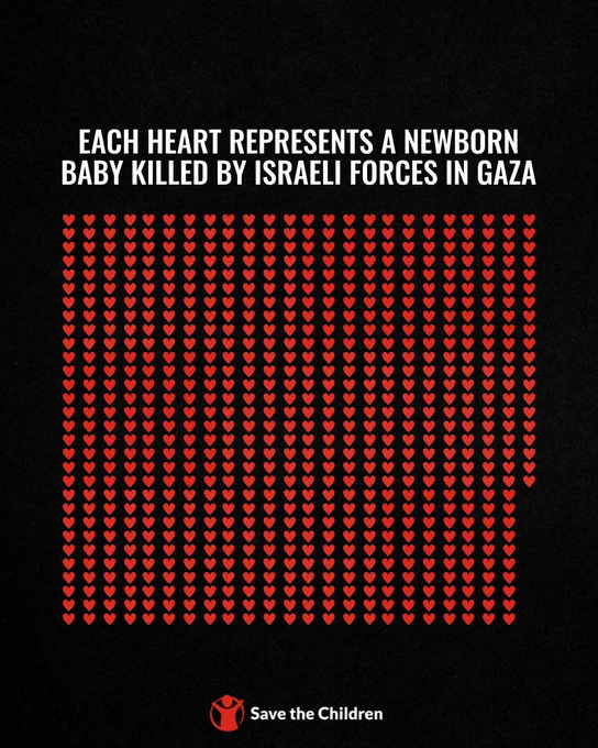Poster with rows of red hearts symbolizing newborn babies killed in Gaza, with text 'Each heart represents a newborn baby killed by Israeli forces in Gaza.' Logo of Save the Children is at the bottom.