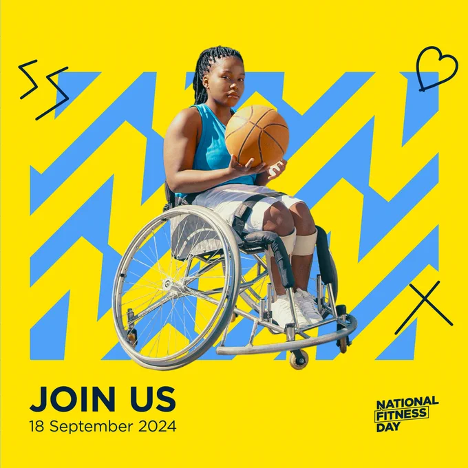 Promotional image for National Fitness Day featuring an individual in a wheelchair holding a basketball, set against a bright yellow background with blue zigzag patterns and fitness-related icons. Text invites to join on 18 September 2024.