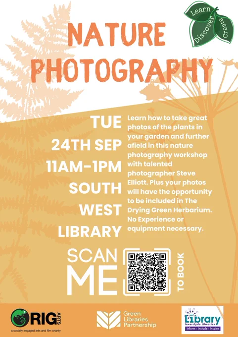 An orange poster that says Nature Photography. Tuesday 24th September South West Library Inverclyde Libraries logo.