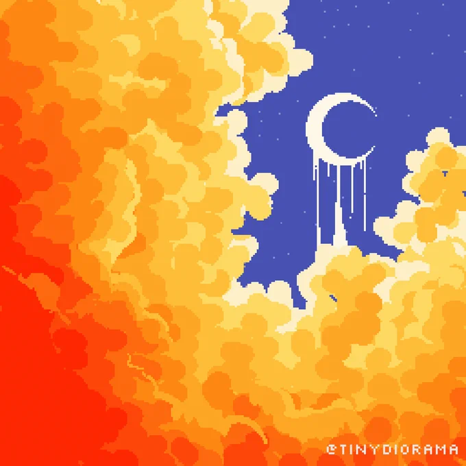 pixel art illustration of a moon dripping into bright fiery clouds