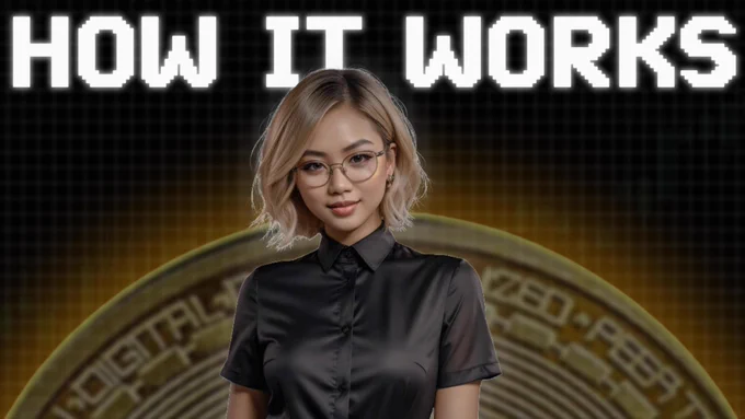 HOW IT WORKS. Beautiful woman in a black shirt. Bitcoin