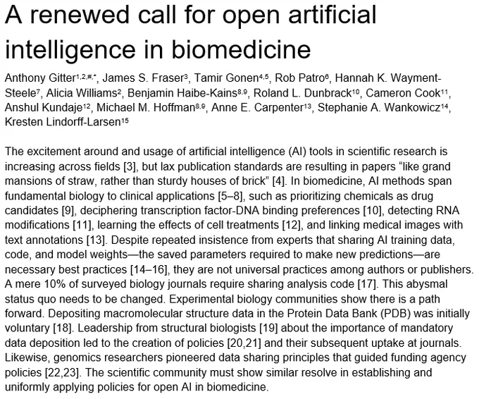 "A renewed call for open artificial intelligence in biomedicine" opening paragraph