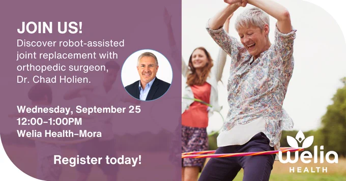 Join us with description of lunch and learn, photo of chad holien and elderly woman being active along with welia health logo