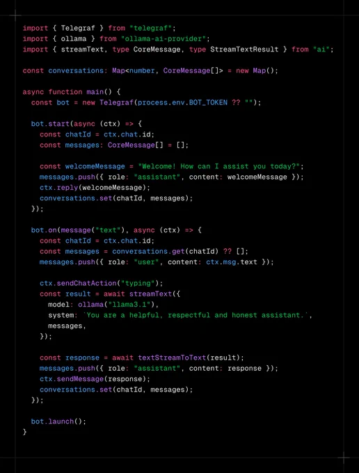  Telegram bot with Vercel SDK AI and ollama provider 

https://gist.github.com/sgomez/7f6ee457a404fbff65af039af29bdc23