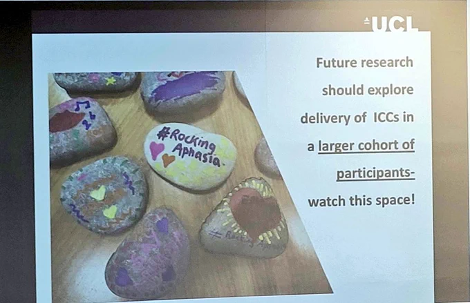 A Powerpoint slide showing a photo of painted #RockingAphasia stones alongside the text "Future research should explore delivery of Intensive Conversation Camps in a larger cohort of participants- watch this space."