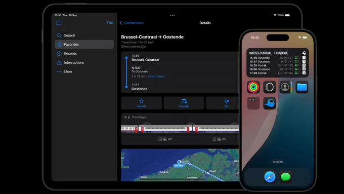 A screenshot of Railer on iPadOS 18 with sidebar, and a screenshot of the iOS 18 homescreen with dark Railer app icon.