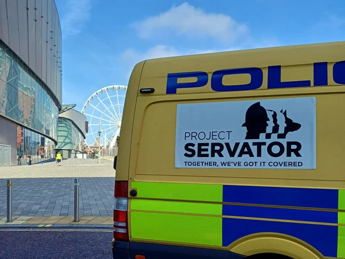 Project Servator personnel carrier parked outside the ACC Liverpool arena - the Wheel of Liverpool can be seen in the background.