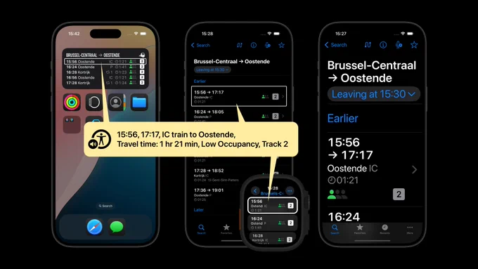 Screenshots of Railer, highlighting VoiceOver and Dynamic Text improvements in the app, widget, and Apple Watch app.
