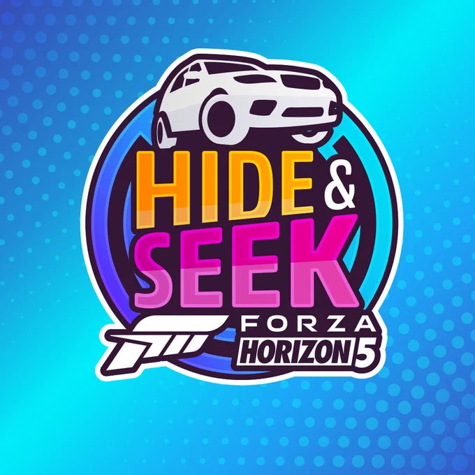 Logo for the "Hide & Seek" mode in Forza Horizon 5, featuring a stylized car above vibrant, colorful text on a blue dotted background.
