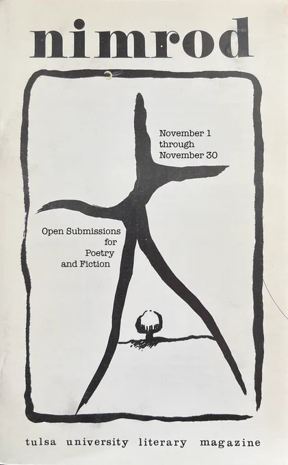 Black text on beige background reads: Nimrod, November 1 through November 30, Open submissions for poetry and fiction, Tulsa university literary magazine. There is a black starfish-like critter and a black outline of a tree in the center. 