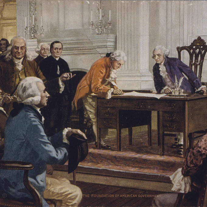 Reproduction of painting of George Washington, Benjamin Franklin and others signing the U.S. Constitution in Philadelphia, Pennsylvania. Henry Hintermeister, artist. 