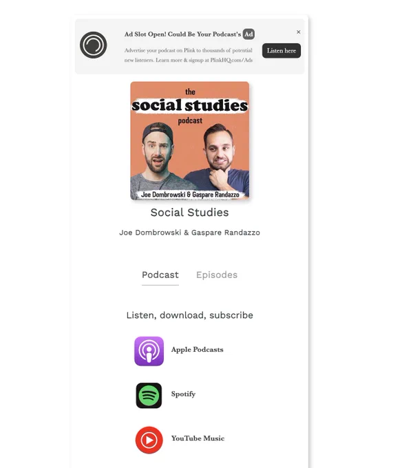 Plink podcast link social studies podcast with display ad showing