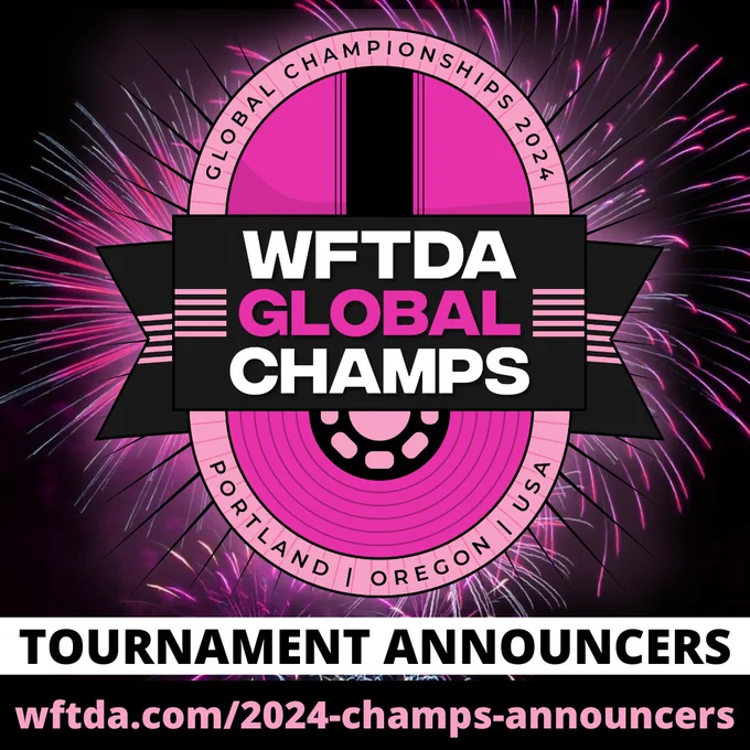 Graphic with the 2024 WFTDA Global Championships logo and text that says, "Tournament Announcers - wftda.com/2024-champs-announcers"