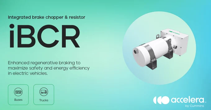 Advertisement for the iBCR (integrated brake chopper and resistor) by Accelera by Cummins, highlighting enhanced regenerative braking for electric vehicles, including buses and trucks.