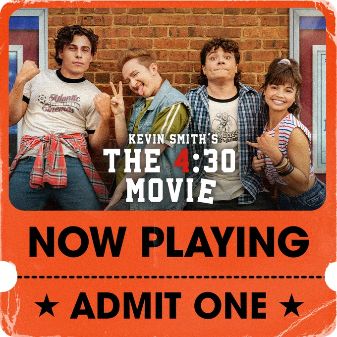 Official Now Playing ticket stub graphic featuring the cast of The 4:30 Movie.