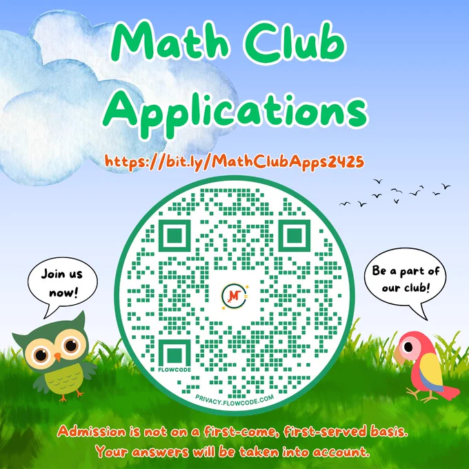 Ang Math-buting iskolar, mag a-apply sa Math Club 
❤️💚
🎉Apply now to join the Math Club! 🧮✨

Admission is not on a first-come, first-served basis.
Your answers will be taken into account. ✅
Deadline is on Friday, September 20, 11:59 p.m. 📅✍️

Accessible by PSHS Email only: https://bit.ly/MathClubApps2425