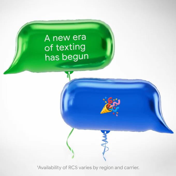 A green message bubble is on top and reads "A new era of texting has begun." A blue bubble is on bottom and has a party hat emoji on it.