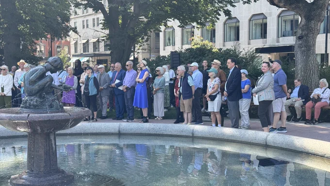 Restored fountain with crowd