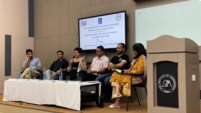 Panel discussion at Goa Institute of Management (GIM) on the topic ‘Green Innovations: Pioneering Sustainable Solutions in the Startup World,’ featuring speakers engaged in conversation about sustainable practices and innovative solutions in the startup world.