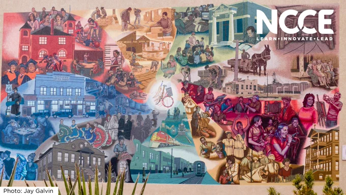 A photograph of the vibrant mural showing local cultural images from Gallup, New Mexico, along with the NCCE logo.