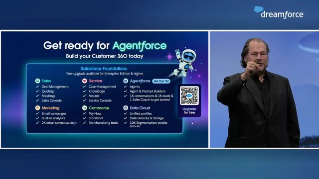 Marc Benioff on stage at Dreamforce announcing Ai for all as part of foundations.