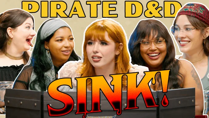 Video thumbnail. From left to right Rachel Seeley, Mica Burton. Saige Ryan, Danielle Radford, Erika Fermina. Text reads Sink! Pirate D&D.