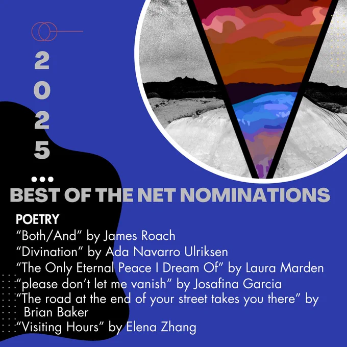 Best of the Net Nominations 2025
POETRY
“Both/And” by James Roach
“Divination” by Ada Navarro Ulriksen
“The Only Eternal Peace I Dream Of” by Laura Marden
“please don’t let me vanish” by Josafina Garcia
“The road at the end of your street takes you there” by   
  Brian Baker
“Visiting Hours” by Elena Zhang