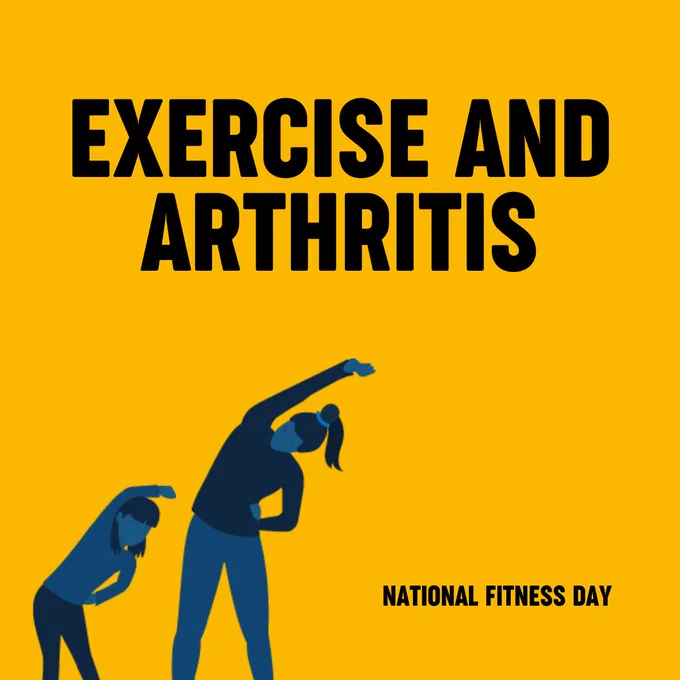Promotional graphic for National Fitness Day featuring two silhouetted figures stretching, set against a vibrant yellow background with the text 'EXERCISE AND ARTHRITIS' prominently displayed.