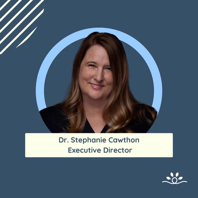 The second image features Dr. Stephanie Cawthon (a woman with long, light brown hair, smiling and wearing a dark top), who is identified as the Executive Director. Her portrait is centered within a light blue circular frame against the same dark blue background as the first image.