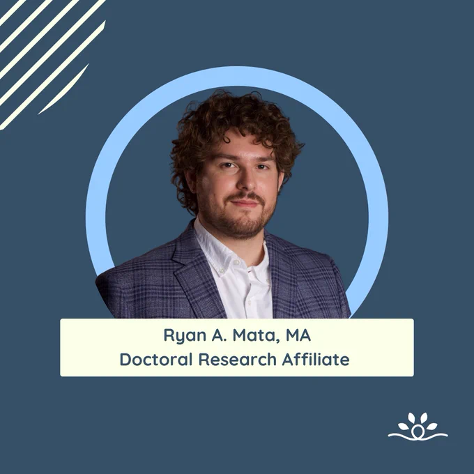 The fourth image presents Ryan A. Mata, MA (a man with curly brown hair, a light beard, and wearing a checkered blazer over a white shirt), identified as the Doctoral Research Affiliate, also following the consistent design pattern. Each panelist’s name and title are neatly positioned below their respective portraits, and a small emblem of the National Disability Center is placed in the corner of each image.