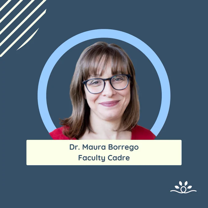 The third image highlights Dr. Maura Borrego (a woman with straight, shoulder-length brown hair, wearing glasses, and a red top), labeled as Faculty Cadre, following the same design elements as the previous image. 