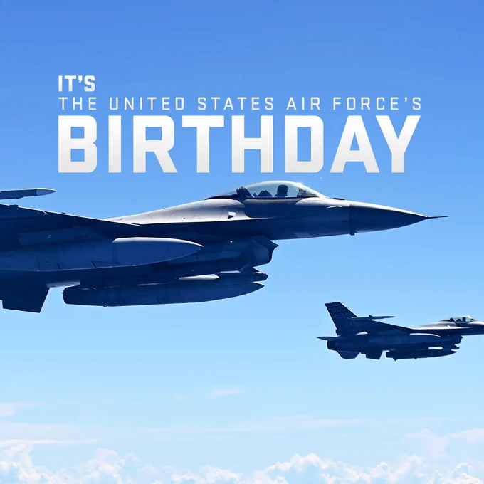 Two F-16 Fighting Falcon fighter jets soar in the sky. The text on the image reads “It’s the United States Air Force’s Birthday.”