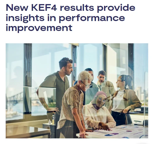 Text reads: New KEF4 results provide insights in performance improvement. Image: A group of people look over documents together in an office setting