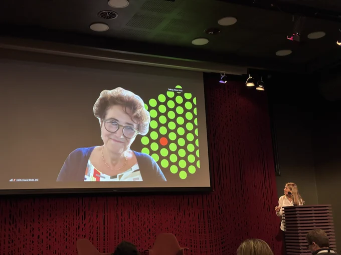 EMBL Director General Edith Heard presenting.