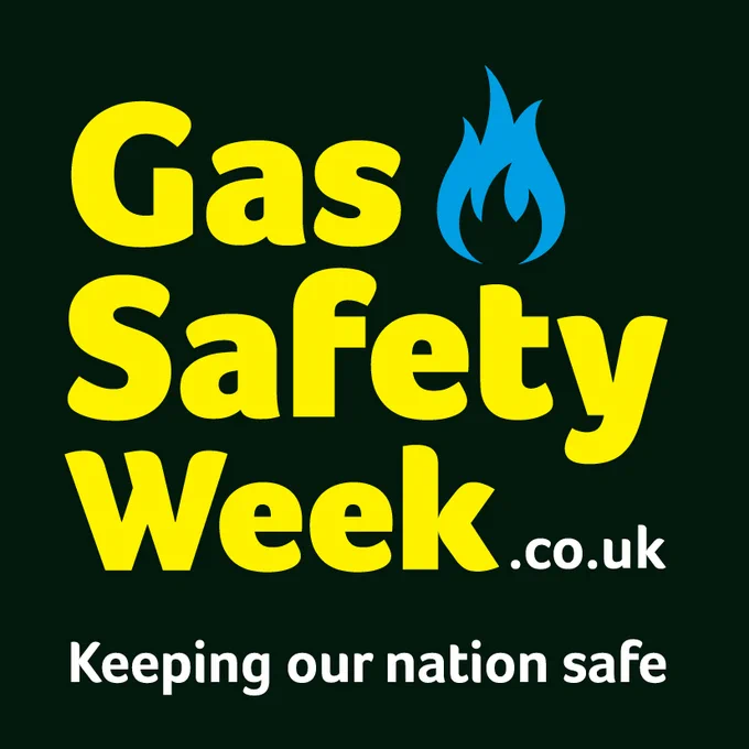 The gas safety week logo - black background with GAS SAFETY WEEK - KEEPING THE NATION SAFE in yellow font 