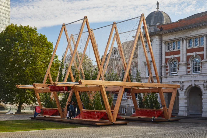 'Vert' - a red oak glulam 10m tall installation as part of London Design Festival 2024 - Image by Ed Reeve