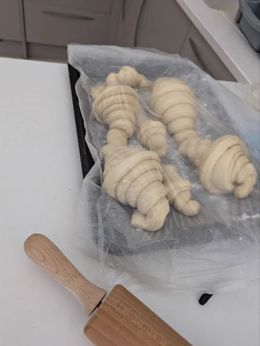 Uncooked croissants on a baking tray, covered with cling film