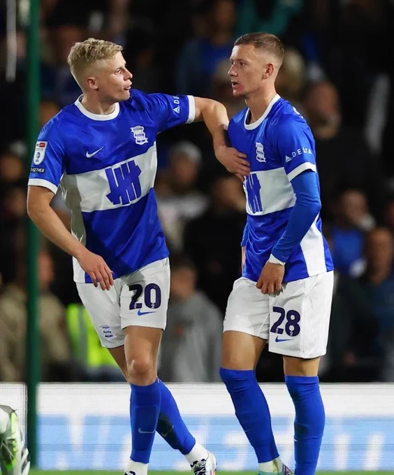 Alex Cochrane celebrating with Jay Stansfield, following his brilliant cross set up Stansfield for Birmingham's second in their 3-1 win vs Wrexham.