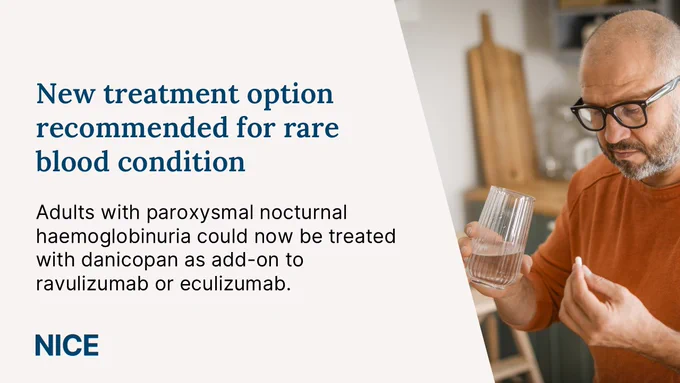 Graphic showing photo of someone about to take a pill and the following text: New treatment option recommended for rare blood condition. Adults with paroxysmal nocturnal haemoglobinuria could now be treated with danicopan as add-on to ravulizumab or eculizumab.
