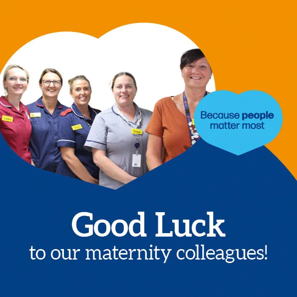 5 maternity colleagues stand together and smile with text ‘Good Luck to our maternity colleagues!’