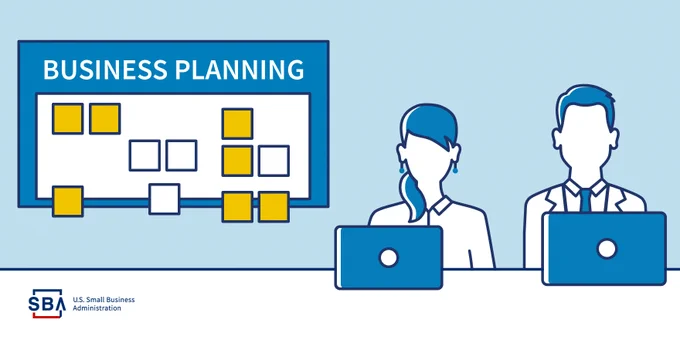 Illustration of two people, two laptops and a chart that says business planning. The SBA logo is at the bottom.