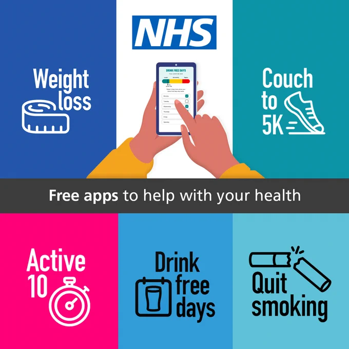 Illustration of hands holding a mobile phone, with the NHS logo above. The text reads "Free apps to help with your health in 2024'. There are five app icons; weight loss; couch to 5k; active 10; drink free days; quit smoking. 