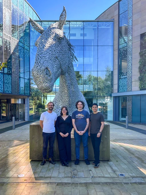 The lab (L to R): Max, Rebee, Frazer and Leandro in front of a horse sculpture at the Roslin site near Edinburgh