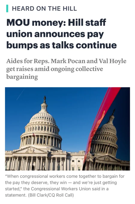 Screenshot of Roll Call article with the headline MOU money: Hill staff union announces pay bumps as talks continue. Full text at the link.