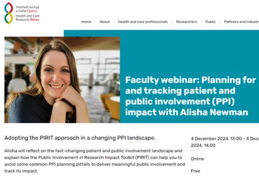 Image of booking webpage for the webinar. Shows a picture of Alisha. next to it is the heading Faculty webinar: Planning for and tracking patient and public involvement (PPI) impact with Alisha Newman. Below it outlines the session as follows: 
Adopting the PIRIT approach in a changing PPI landscape.
Alisha will reflect on the fast-changing patient and public involvement landscape and explain how the Public Involvement in Research Impact Toolkit (PIRIT) can help you to avoid some common PPI planning pitfalls to deliver meaningful public involvement and track its impact.