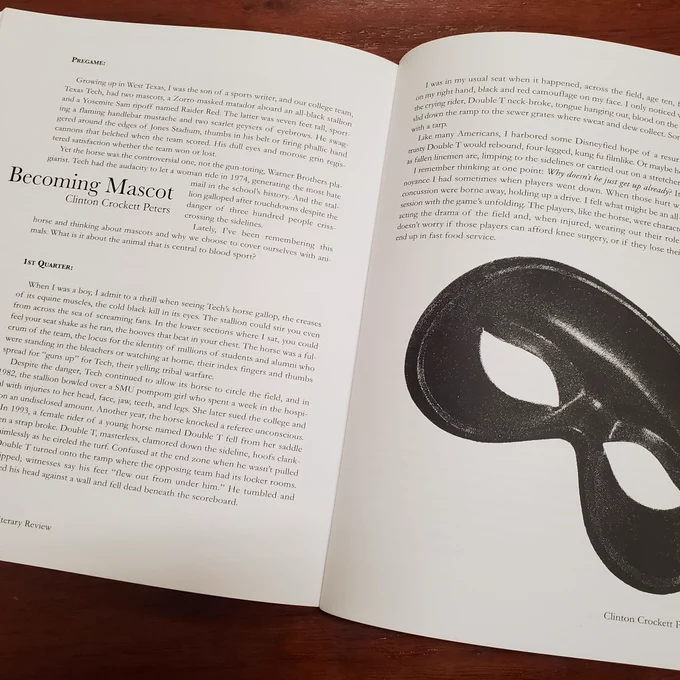 "Becoming Mascot" by Clinton Crockett Peters, as featured in the Sports Issue of Iron Horse Literary Review.