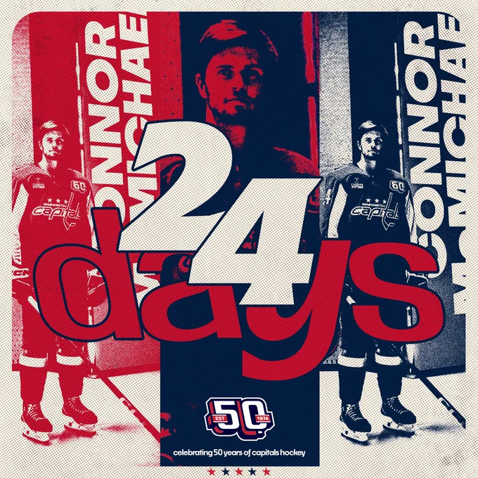 Graphic recognizing the start of the 2024-25 regular season is 24 days away from starting featuring Connor McMichael. 